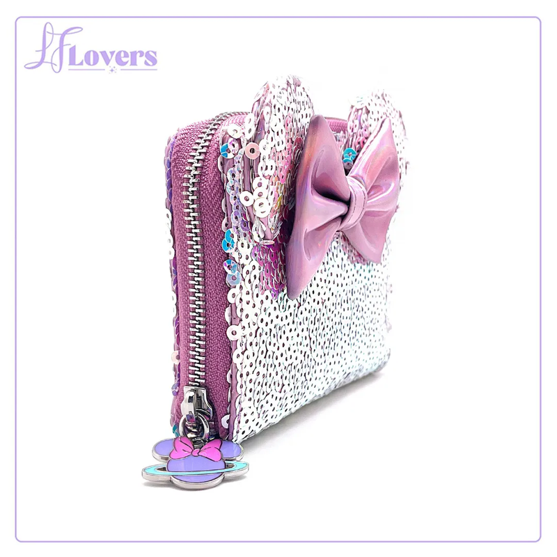 Load image into Gallery viewer, LF Lovers Exclusive - Loungefly Disney Planet Minnie UV Reactive Pink Iridescent Sequin Zip Around Wallet
