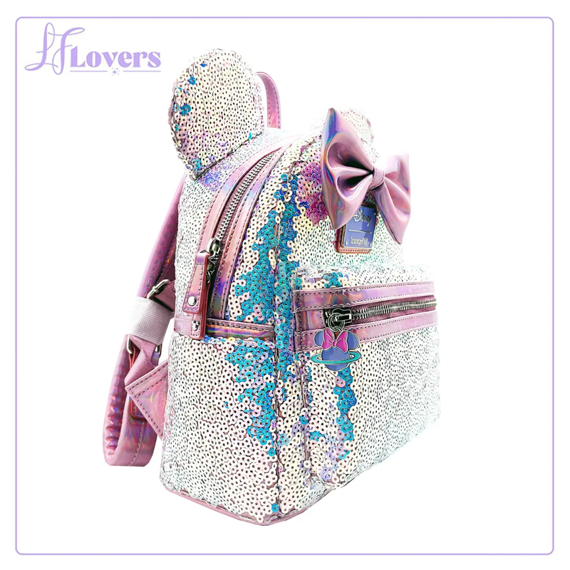 Load image into Gallery viewer, Loungefly Disney Planet Minnie UV Reactive Pink Iridescent Sequin Mini Backpack - LF Lovers
