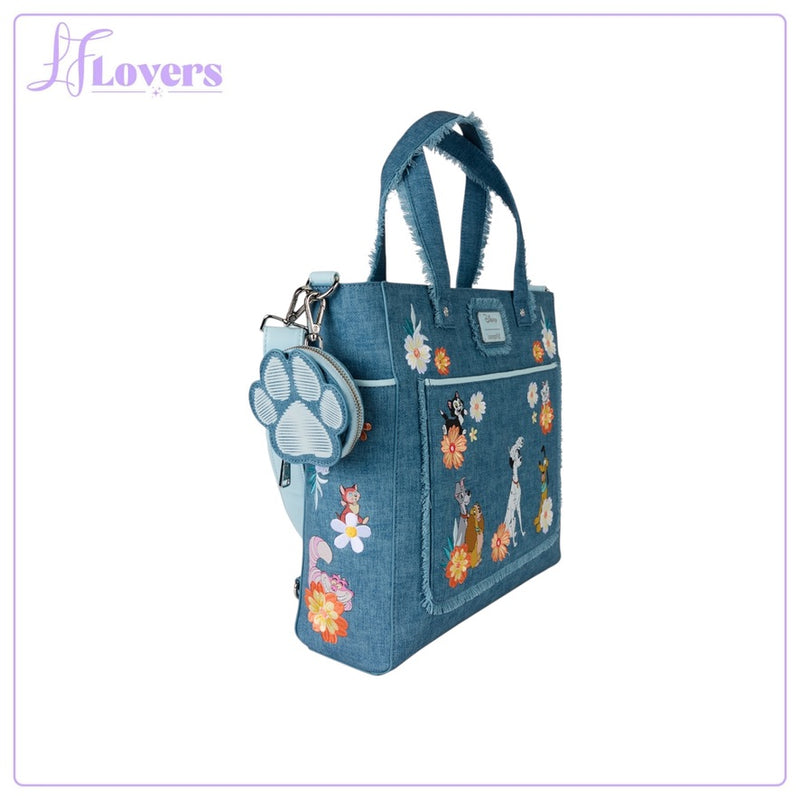 Load image into Gallery viewer, Loungefly Disney Dogs &amp; Cats Faux Denim Convertible Tote Bag With Coin Bag
