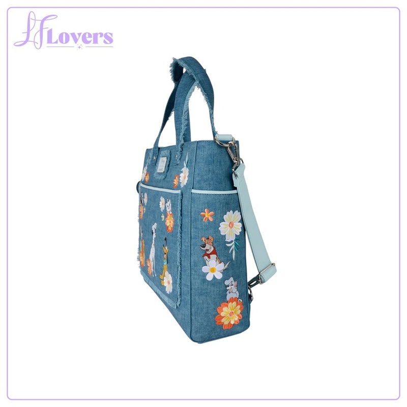 Load image into Gallery viewer, Loungefly Disney Dogs &amp; Cats Faux Denim Convertible Tote Bag With Coin Bag
