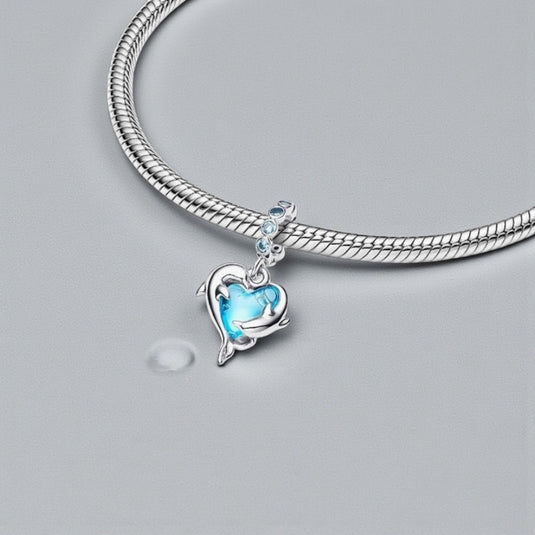 Silver Blue Murano Glass Dolphins Dangle Charm