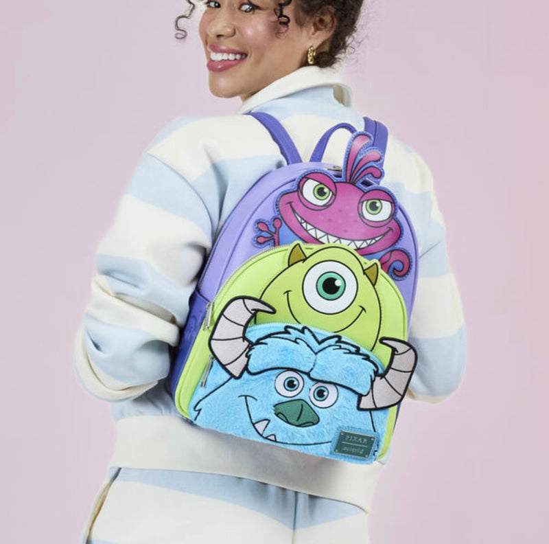 Load image into Gallery viewer, Loungefly Pixar Monsters Ince Mike Sulley And Randall Triple Pocket Mini Backpack - PRE ORDER
