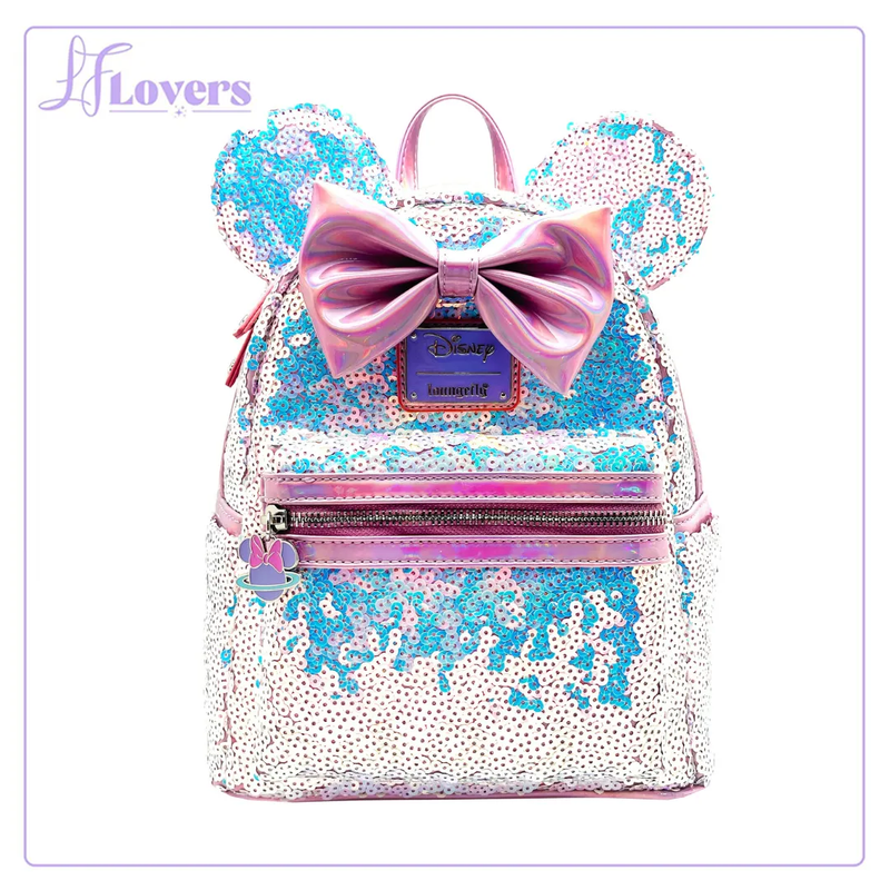 Load image into Gallery viewer, Loungefly Disney Planet Minnie UV Reactive Pink Iridescent Sequin Mini Backpack - LF Lovers
