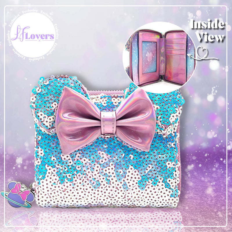 Load image into Gallery viewer, LF Lovers Exclusive - Loungefly Disney Planet Minnie UV Reactive Pink Iridescent Sequin Zip Around Wallet
