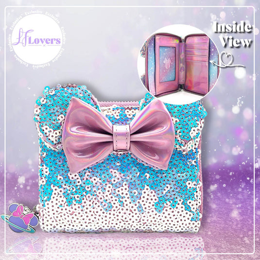LF Lovers Exclusive - Loungefly Disney Planet Minnie UV Reactive Pink Iridescent Sequin Zip Around Wallet