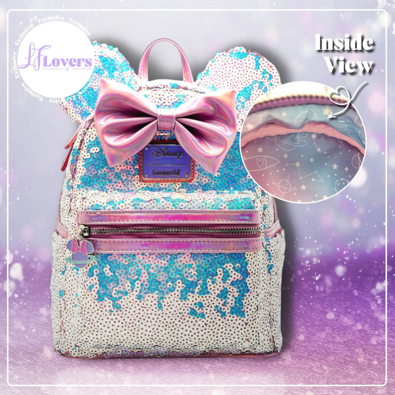 Load image into Gallery viewer, Loungefly Disney Planet Minnie UV Reactive Pink Iridescent Sequin Mini Backpack - LF Lovers
