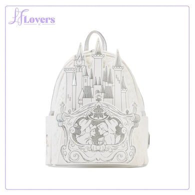 white loungefly disney cinderella and prince in carriage and castle mini backpack with sketch art with handle and long strap