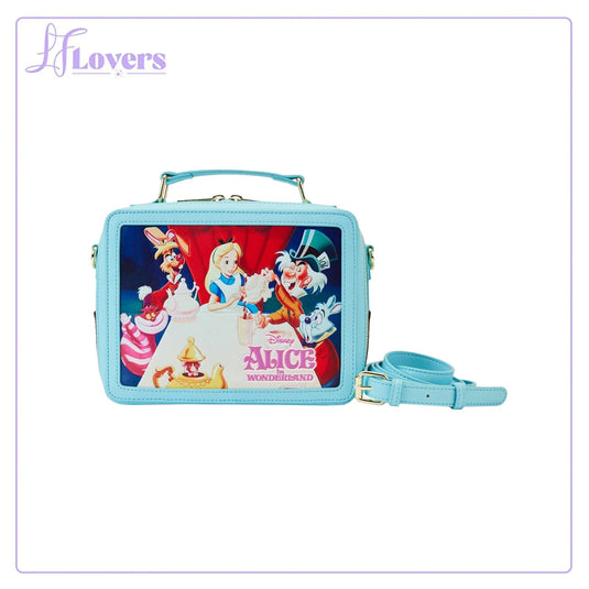 Loungefly disney lunchbox style crossbody with handle and long strap both blue, with the tea party scene on one side featuring ALice, the Mad Hatter, the White Rabbit and the Cheshire Cat
