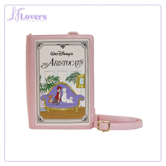 Light Pink Loungefly Disney Aristocats Classic Book Convertible Crossbody with duchess, thomas and two of the kittens